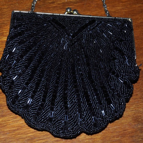 Black Beaded Formal Evening Purse Shoulder Bag - Picture 2 of 6